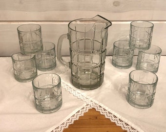 Vintage Tartan Plaid Cut Anchor Hocking Pitcher and 8 Double Old Fashioned Glasses