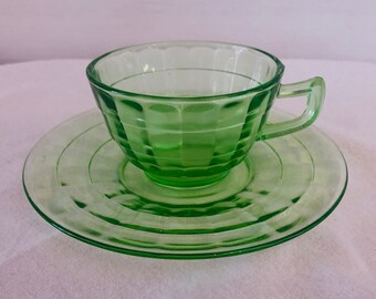 1930s Uranium Green Anchor Hocking Block Optic with Pointed Handle Glass Cup and Saucer