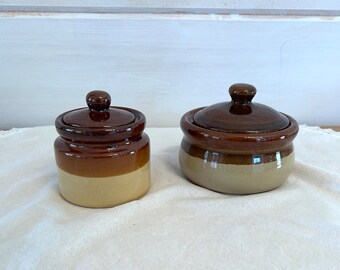 Vintage Stoneware Crocks with Lids Condiment Earthenware, Set of 2