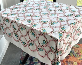 1950s Floral Ring Tablecloth, Pink & Green Floral Rings with Blue Floral on White Cotton Linen, 51"x60" square