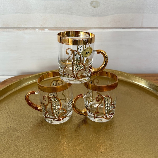 1960s T. Murano Glass Hand Decorated 24 K Gold Italian Café Latte Mug, set of 3