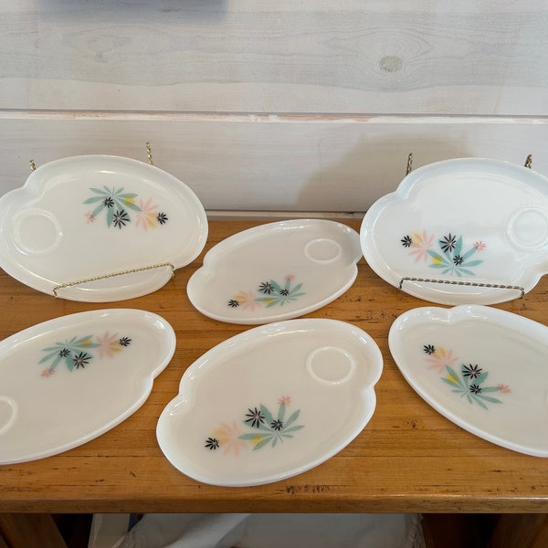 1950s Set of 6 Atomic Flower Federal Glass Co Snack Plate, Aqua Pink Yellow Black Floral