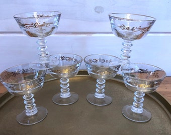Set of 6 Gold Crown by Lifetime Stemware Coupes, Sherbets, or Wine with Beaded Stems Gold Floral Scroll