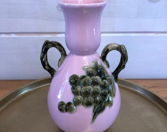 1958 Tokay Tuscany Pink by Hull Vase, Raised Grapes, Grapevine Handles, Made in USA