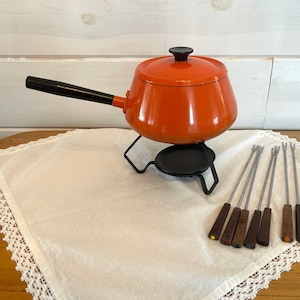 Vintage Orange Enamel Fondue Set: MCM Teak Forks & Heating Stand