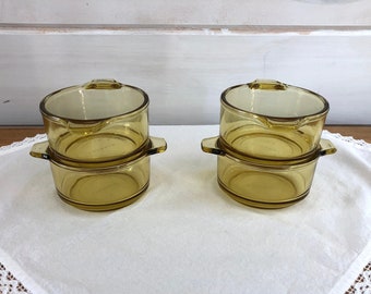 Vintage Pyr-O-Rey Dynaware Gold Casserole Bowls, set of 4, circa 1970s