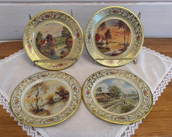 Vintage Set of 4 Daher Decorated Wear Tin Plates, Made in Holland, Autumn River Cottages