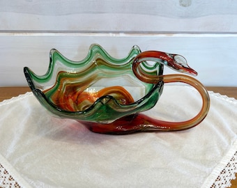 Vintage Murano Style Blown Art Glass Swan Bowl in Green and Orange Swirl