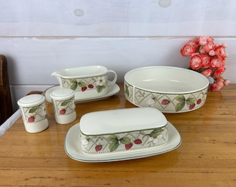 Vintage Mikasa Intaglio Strawberry Fair Serving Pieces;  Gravy, Veg Bowl, S&P Shakers