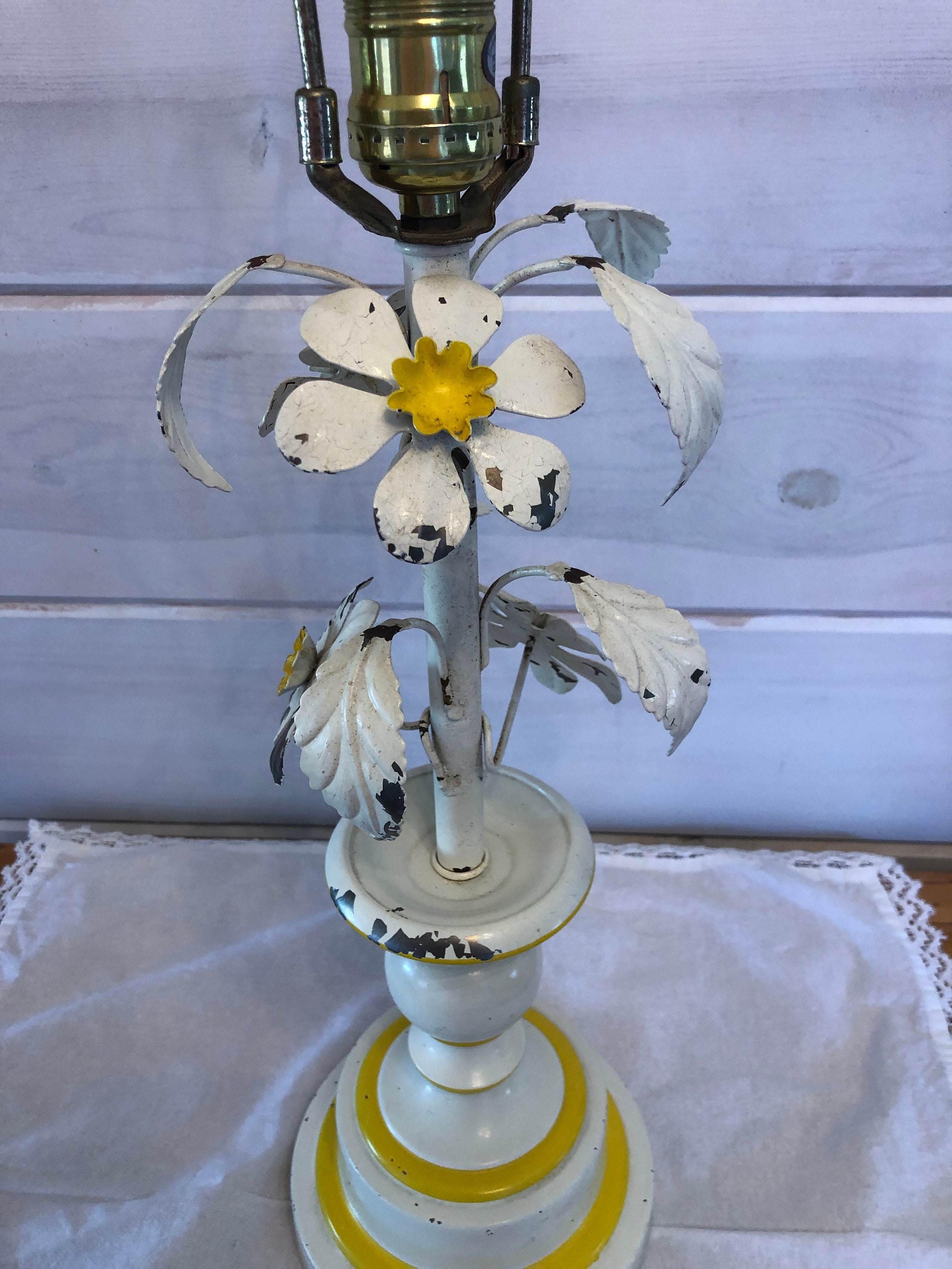 1960s Tole Metal Floral Lamp by Leviton Shabby Chic MCM 