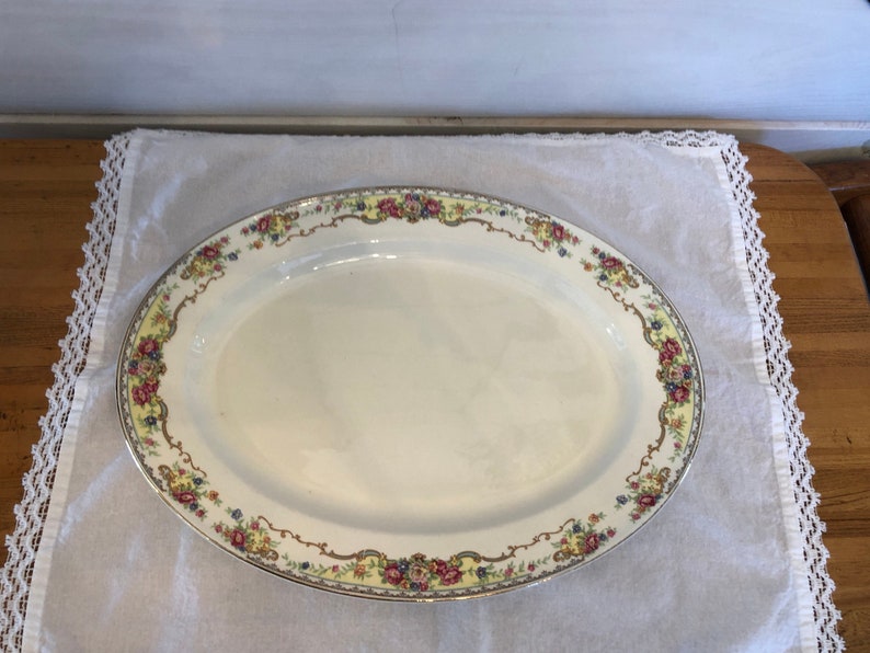 1940s China Platter by Edwin M. Knowles China Co. Pattern 42-3 Multicolor Florals, Scrolls on White image 1