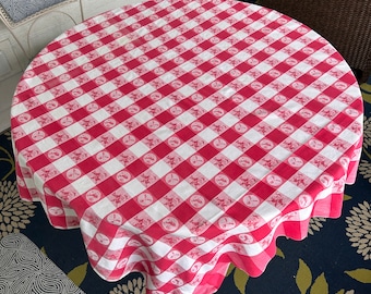 1950s Tablecloth Huntsman Scenes on Red and White Check Plaid, 54" x 58" Linen Cotton