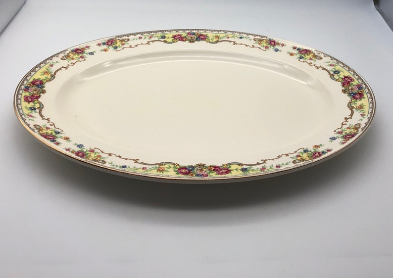 1940s China Platter by Edwin M. Knowles China Co. Pattern 42-3 Multicolor Florals, Scrolls on White image 6