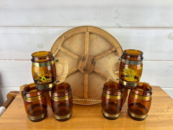 Vintage Siesta Ware Mugs & Western Tray Set: Amber Glass, Cowboy 