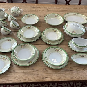 Rare 1920s Dinnerware China Set of 32 by UCAGCO Hand-painted Japan Floral Green Pattern Fine Bone China