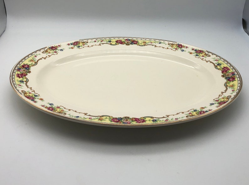1940s China Platter by Edwin M. Knowles China Co. Pattern 42-3 Multicolor Florals, Scrolls on White image 8
