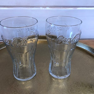 Vintage Coca Cola Glasses Set of Two in Clear Glass Embossed Coca Cola on Two Sides, 16 oz