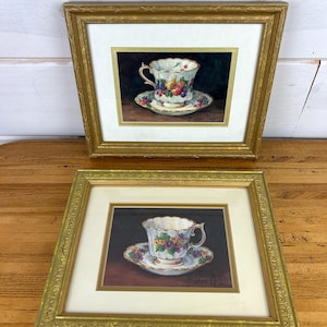 Vintage Framed Teacup Prints by Barbara Mock, circa 1990s