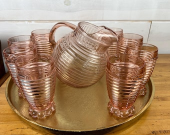 Vintage Anchor Hocking Manhattan Pink Depression Glass Pitcher & Tumbler Set