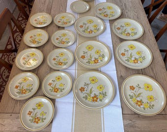Vintage Hearthside Stoneware Set: Garden Festival Sunshine Flowers, 34 Piece
