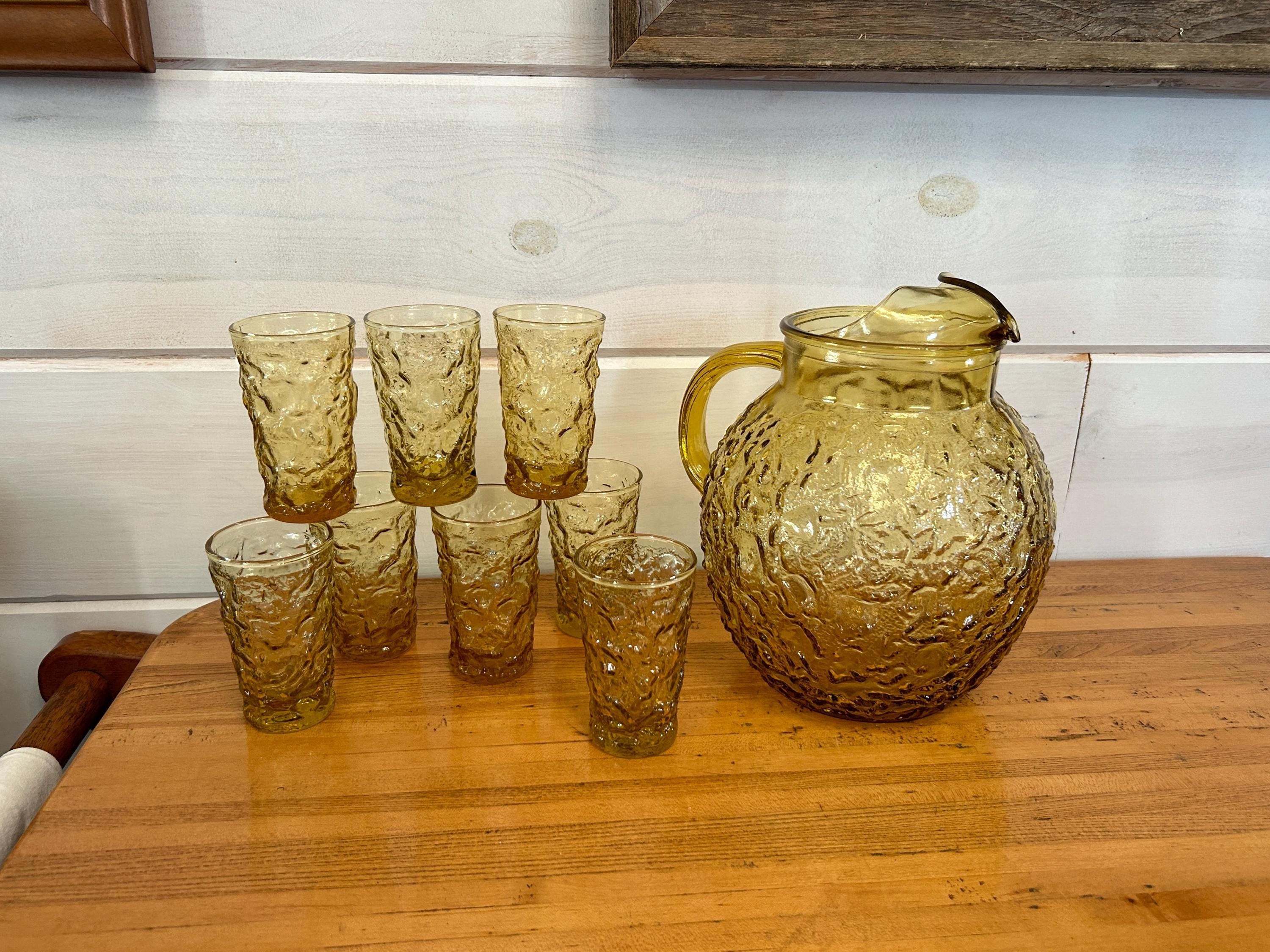 1960s Pitcher & 8 Glass Set Anchor Hocking Lido Milano Juice Glass Amber Honey Gold Bubble Glass Midcentury Modern