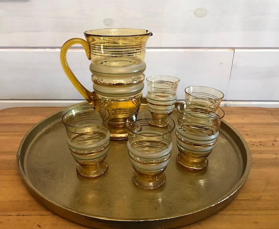 1950s Italian Blown Artist Gold Glass Pitcher & Glasses Set of 6 - Etsy