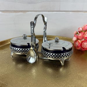 Vintage Mayell England Cobalt Blue Glass & Chromium-plate Preserves Condiment Set with Stand and Sheffield Spoons English Tea Time
