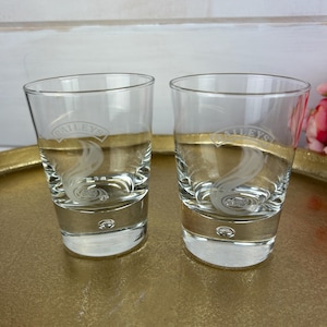Vintage Set of 2 Bailey&#39;s Irish Cream Celtic Mist Logo Controlled Bubble Base Rocks Glasses, Celtic Knot Frosted Mist, Promotional Barware