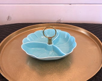 Vintage 50's California Pottery 3 Section Turquoise Dish with Brass Ring Handle