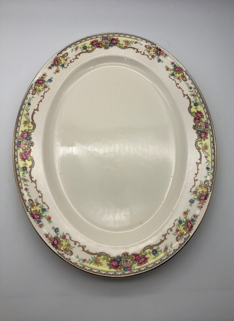 1940s China Platter by Edwin M. Knowles China Co. Pattern 42-3 Multicolor Florals, Scrolls on White image 10