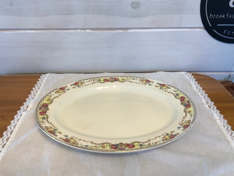 1940s China Platter by Edwin M. Knowles China Co. Pattern 42-3 Multicolor Florals, Scrolls on White image 2