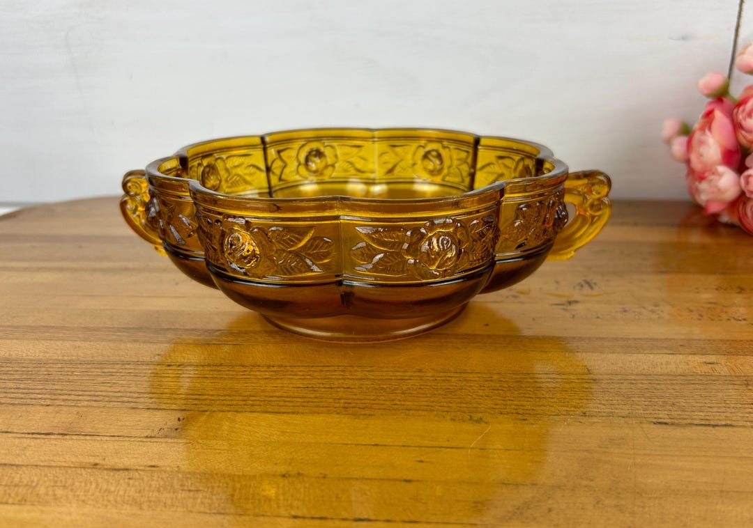 Vintage Jeannette Glass Amberina Aztec Rose Flashed Glass Dish Handled ...
