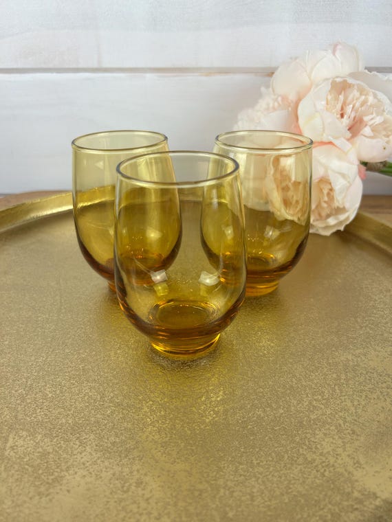 1960s Libbey Tempo Midcentury Modern Style Amber Honey Gold Tumblers, Set of 3