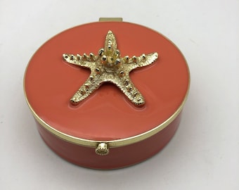 Vintage Starfish Trinket Box, Powder Puff Box, Ring Box Enamel Metal Mirror Box