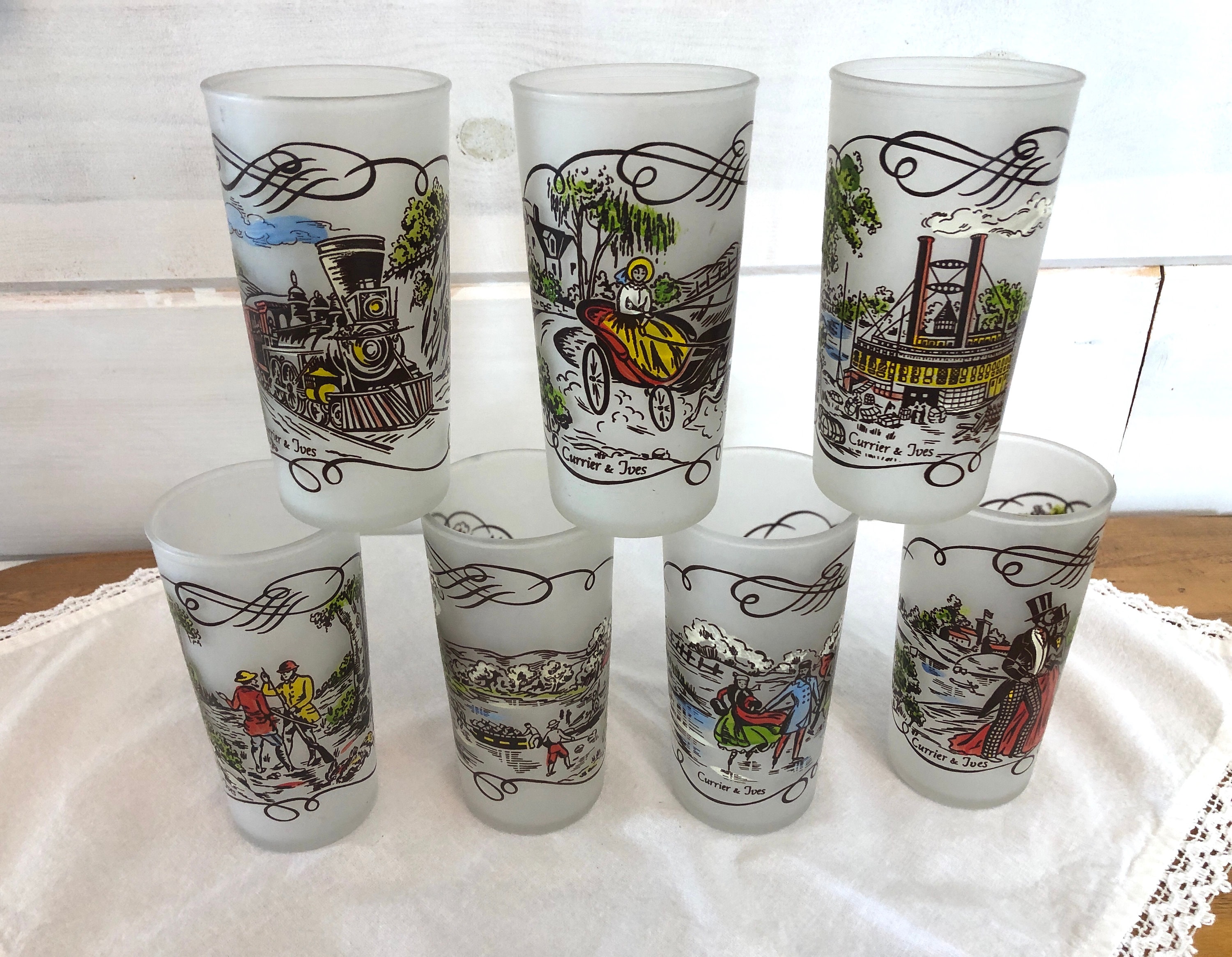 1950s Currier and Ives Frosted Nostalgic Scenes Tumbler Glasses