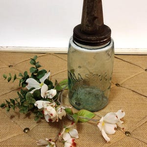 Antique Car Oil Container Glass Jar | Bottle Blue Mason's Patent  1858 - Rustic Auto Garage Decor  | Metal | Spout | Decanter | Automotive