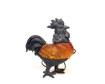ROOSTER LAMP…Table Lamp…Electric…On/Off Switch…Bronze Metal and Amber Spotted Art Glass… Tiffany Style…Accent Lamp…Vintage..Home Decor Room