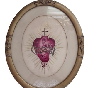 Antique Sacred Heart of Jesus Framed Art: 19th Century Catholic Antiques Home Decor