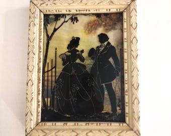 Antike Silhouette Rückmalerei | Konvexer Glasrahmen | Französische Figuren | Viktorianische Wohndekoration | Verwitterter Bilderrahmen