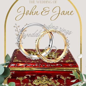 May include: Wedding invitation featuring two wedding rings, one silver and one gold, with floral accents. The rings rest on a red jewelry box with gold embellishments. The text reads "Join us for the wedding of John & Jane."