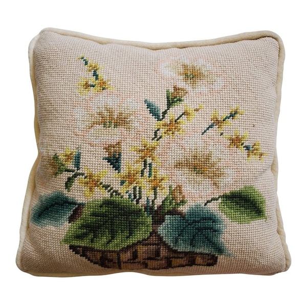 Vintage needlepoint cross stitch flowers in a basket throw pillow