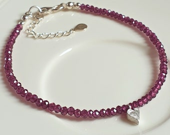 Delicate gemstone bracelet with heart pendant in 925 sterling silver, tiny heart pendant, handmade bracelet, various options