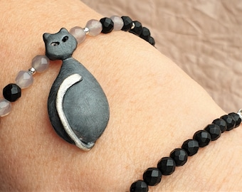 Onyx Halskette, Sterling Silber 925, Katzen Anhänger, Echte Onyx Steine, Schwarze Edelsteinkette, Perfektes Geschenk