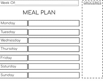 May include: A black and white meal planner with the text "MEAL PLAN" at the top. The planner has a column for each day of the week, Monday through Sunday, with a space to write in meals for each day. There is a separate column labelled "GROCERIES" for a grocery list.