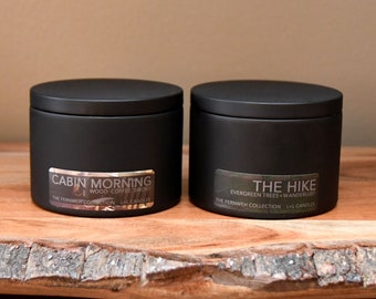 FERNWEH Bundle of 2: Cabin Morning | Wood, Coffee & Smoke | The HIKE | Evergreen Trees + Wanderlust | 5.3oz Metal Travel Tins l Soy Candles