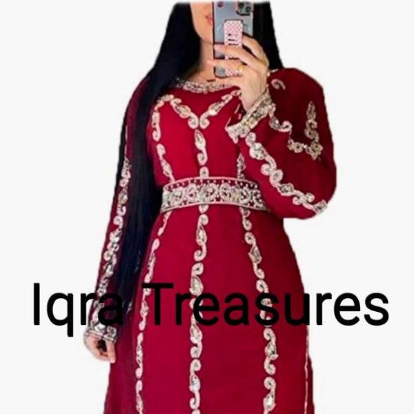 seagreenHand embroidery Kaftan party wearDubai Moroccan Kaftan Arabic Abaya Maxi Hand Beaded Caftan Farasha Floor Length Party Wear