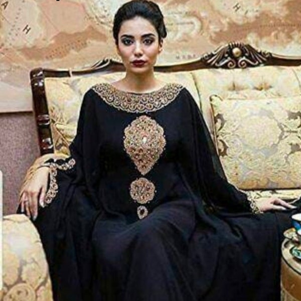 Membroidery Kaftan party wearDubai Moroccan Kaftan Arabic Abaya Maxi Hand Beaded Caftan Farasha Floor Length Party Wear