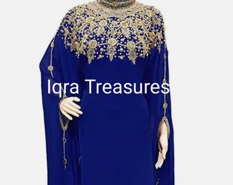 Royal blueHand embroidery Kaftan party wearDubai Moroccan Kaftan Arabic Abaya Maxi Hand Beaded Caftan Farasha Floor Length Party Wear