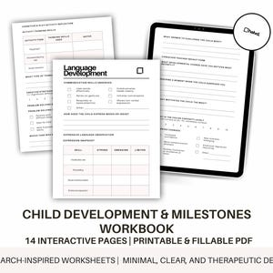 Peut inclure: Plusieurs feuilles de travail blanches imprimables et une tablette avec des bordures noires. Les feuilles de travail comprennent des sections sur le développement du langage, les compétences cognitives et les étapes importantes de l'enfant. Le texte de l'image indique "Child Development & Milestones Workbook".
