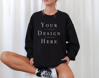 Gildan 18000 Mockup Black | Black Sweater Mockup | Model Mockup Gildan 18000 | Aesthetic Mockup | Trendy Mockup | Oversized Sweater Mockup